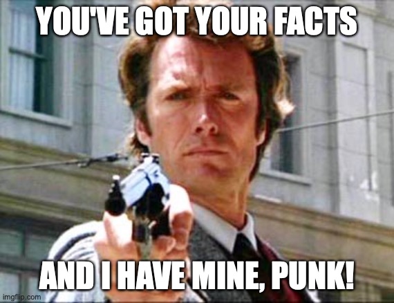 Dirty harry | YOU'VE GOT YOUR FACTS AND I HAVE MINE, PUNK! | image tagged in dirty harry | made w/ Imgflip meme maker