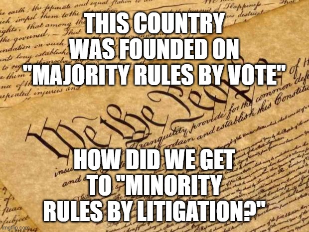 Constitution | THIS COUNTRY WAS FOUNDED ON "MAJORITY RULES BY VOTE"; HOW DID WE GET TO "MINORITY RULES BY LITIGATION?" | image tagged in constitution,libtards liberals republicans,political correctness biden trump,blacks women minority majority blm naacp antifa | made w/ Imgflip meme maker