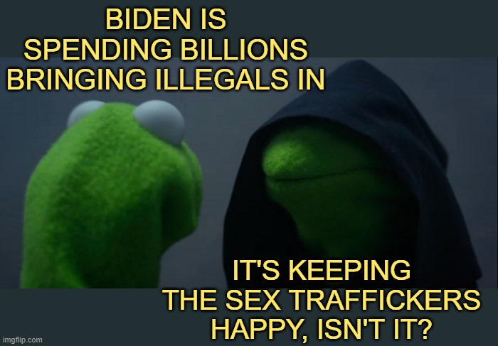 Evil Kermit Meme | BIDEN IS SPENDING BILLIONS BRINGING ILLEGALS IN IT'S KEEPING THE SEX TRAFFICKERS HAPPY, ISN'T IT? | image tagged in memes,evil kermit | made w/ Imgflip meme maker