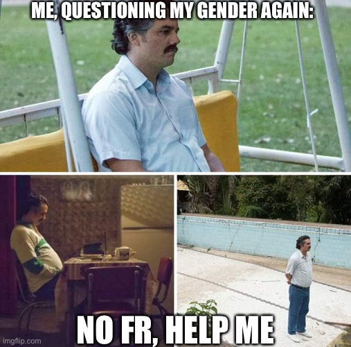 Halp | ME, QUESTIONING MY GENDER AGAIN:; NO FR, HELP ME | image tagged in memes,sad pablo escobar | made w/ Imgflip meme maker