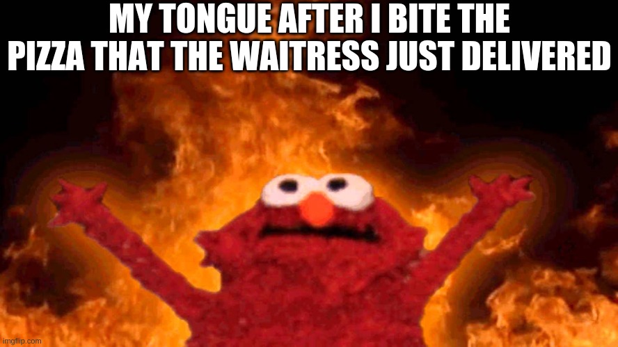 Pretty sure I have a blister on the top of my mouth now | MY TONGUE AFTER I BITE THE PIZZA THAT THE WAITRESS JUST DELIVERED | image tagged in elmo fire | made w/ Imgflip meme maker