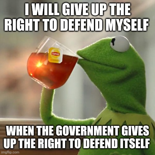 But That's None Of My Business Meme | I WILL GIVE UP THE RIGHT TO DEFEND MYSELF WHEN THE GOVERNMENT GIVES UP THE RIGHT TO DEFEND ITSELF | image tagged in memes,but that's none of my business,kermit the frog | made w/ Imgflip meme maker