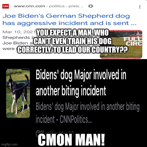 Cmon Man! | YOU EXPECT A MAN, WHO CAN’T EVEN TRAIN HIS DOG CORRECTLY. TO LEAD OUR COUNTRY?? CMON MAN! | image tagged in politics,joe biden,major,dog,political meme | made w/ Imgflip meme maker