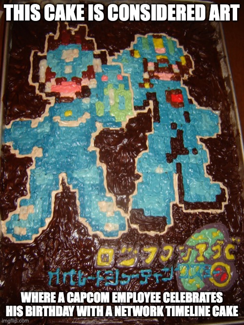 Network Timeline Cake | THIS CAKE IS CONSIDERED ART; WHERE A CAPCOM EMPLOYEE CELEBRATES HIS BIRTHDAY WITH A NETWORK TIMELINE CAKE | image tagged in birthday cake,memes,capcom,megaman,megaman battle network,megaman star force | made w/ Imgflip meme maker