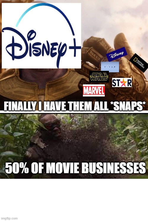 Thanos Smile | FINALLY I HAVE THEM ALL *SNAPS*; 50% OF MOVIE BUSINESSES | image tagged in thanos smile | made w/ Imgflip meme maker