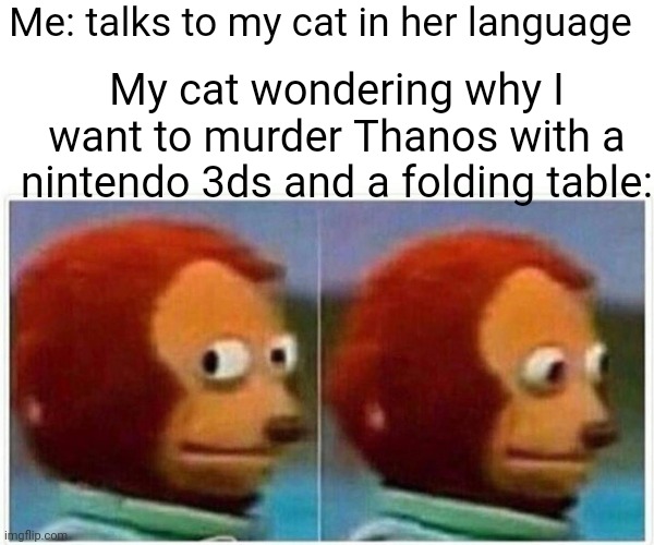 Monkey Puppet | Me: talks to my cat in her language; My cat wondering why I want to murder Thanos with a nintendo 3ds and a folding table: | image tagged in memes,monkey puppet | made w/ Imgflip meme maker