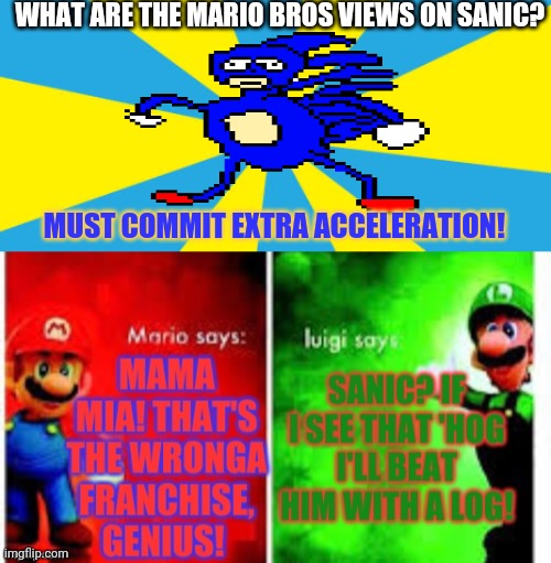 Mario & Luigi | WHAT ARE THE MARIO BROS VIEWS ON SANIC? MUST COMMIT EXTRA ACCELERATION! | image tagged in blank yellow and cyan background,sanic,mario bros views,gotta go fast,nintendo,sega | made w/ Imgflip meme maker