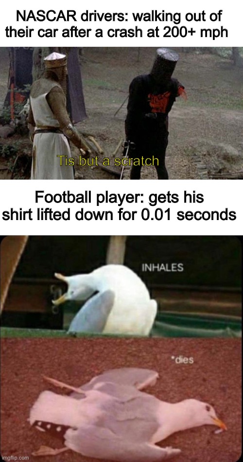 NASCAR drivers: walking out of their car after a crash at 200+ mph; Tis but a scratch; Football player: gets his shirt lifted down for 0.01 seconds | image tagged in tis but a scratch,memes,funny,not really a gif,inhales dies bird | made w/ Imgflip meme maker