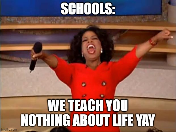 Schools be like | SCHOOLS:; WE TEACH YOU NOTHING ABOUT LIFE YAY | image tagged in memes,oprah you get a | made w/ Imgflip meme maker