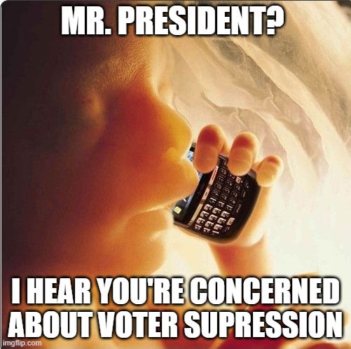 Baby in womb on cell phone - fetus blackberry | MR. PRESIDENT? I HEAR YOU'RE CONCERNED ABOUT VOTER SUPRESSION | image tagged in baby in womb on cell phone - fetus blackberry | made w/ Imgflip meme maker