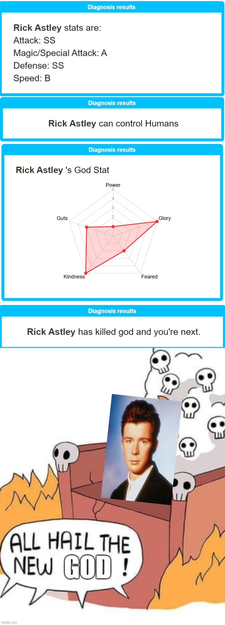 so i do some research about Rick Astley and... yeah, we're totally screwed | GOD | image tagged in all hail the new satan | made w/ Imgflip meme maker