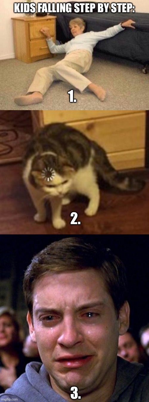 Kids need to process what just happened |  KIDS FALLING STEP BY STEP:; 1. 2. 3. | image tagged in woman falling in shock,loading cat,crying peter parker | made w/ Imgflip meme maker