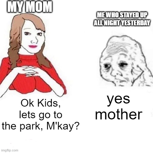 and its on a saturday... | MY MOM; ME WHO STAYED UP ALL NIGHT YESTERDAY; yes mother; Ok Kids, lets go to the park, M'kay? | image tagged in yes honey | made w/ Imgflip meme maker
