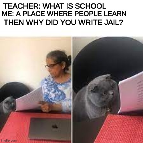 TEACHER: WHAT IS SCHOOL; ME: A PLACE WHERE PEOPLE LEARN; THEN WHY DID YOU WRITE JAIL? | image tagged in teacher,school | made w/ Imgflip meme maker