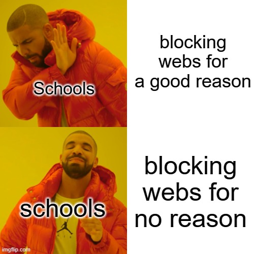 Close to a new Prof Pic | blocking webs for a good reason; Schools; blocking webs for no reason; schools | image tagged in memes,drake hotline bling | made w/ Imgflip meme maker