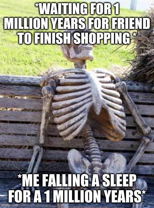 dieeeeeeeee | *WAITING FOR 1 MILLION YEARS FOR FRIEND TO FINISH SHOPPING *; *ME FALLING A SLEEP FOR A 1 MILLION YEARS* | image tagged in memes,waiting skeleton | made w/ Imgflip meme maker