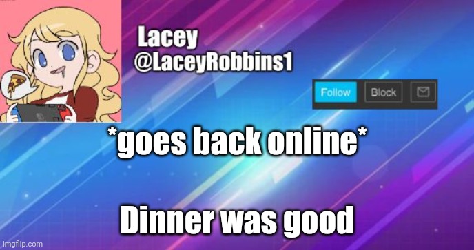 Lacey announcement template | *goes back online*; Dinner was good | image tagged in lacey announcement template | made w/ Imgflip meme maker