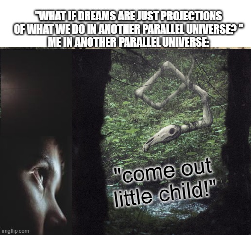 Me in my dreams |  "WHAT IF DREAMS ARE JUST PROJECTIONS OF WHAT WE DO IN ANOTHER PARALLEL UNIVERSE? "
ME IN ANOTHER PARALLEL UNIVERSE:; "come out little child!" | image tagged in memes,long horse,scary,scared child | made w/ Imgflip meme maker