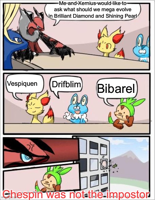 Pokemon boardroom meeting | Me and Xernius would like to ask what should we mega evolve in Brilliant Diamond and Shining Pearl; Vespiquen; Drifblim; Bibarel; Chespin was not the impostor | image tagged in pokemon boardroom meeting,was not the impostor | made w/ Imgflip meme maker