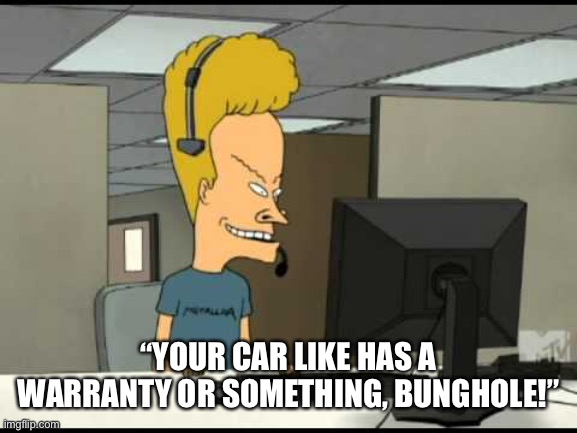 Beavis call centre | “YOUR CAR LIKE HAS A WARRANTY OR SOMETHING, BUNGHOLE!” | image tagged in beavis call centre | made w/ Imgflip meme maker