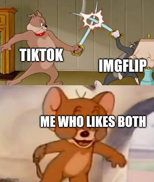 Tom and Jerry swordfight | TIKTOK; IMGFLIP; ME WHO LIKES BOTH | image tagged in tom and jerry swordfight | made w/ Imgflip meme maker