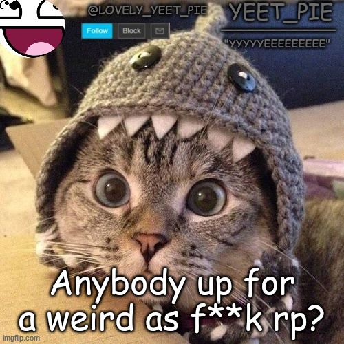 Yeet_Pie | Anybody up for a weird as f**k rp? | image tagged in yeet_pie | made w/ Imgflip meme maker