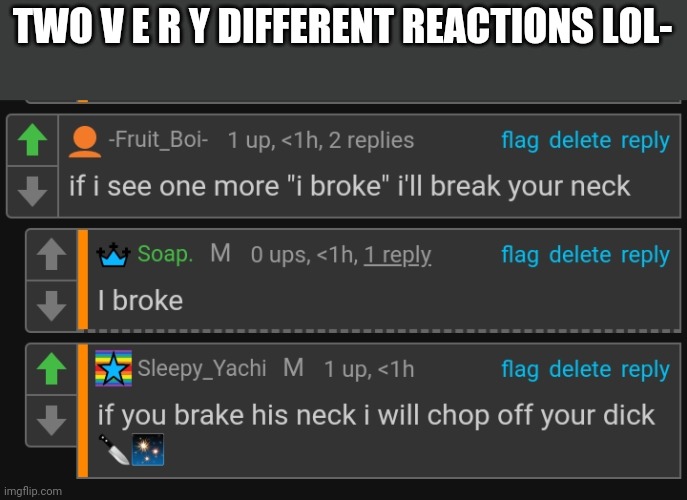 TWO V E R Y DIFFERENT REACTIONS LOL- | made w/ Imgflip meme maker