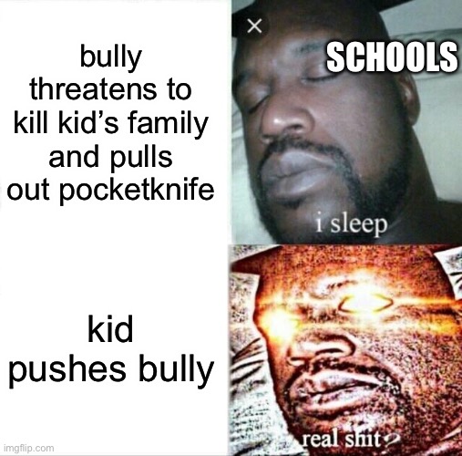 Sleeping Shaq | SCHOOLS; bully threatens to kill kid’s family and pulls out pocketknife; kid pushes bully | image tagged in memes,sleeping shaq | made w/ Imgflip meme maker