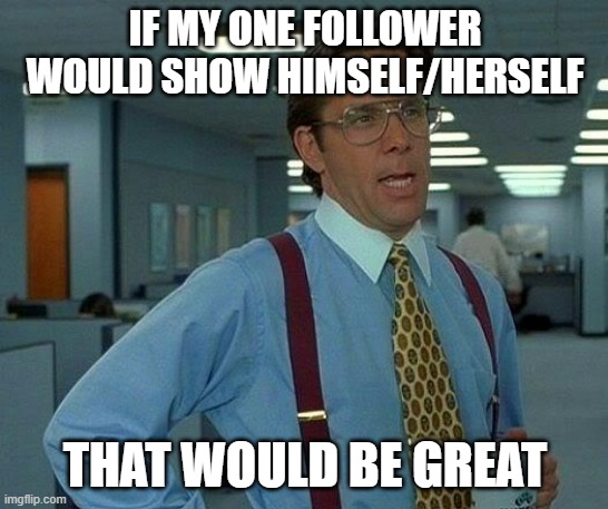 That Would Be Great Meme | IF MY ONE FOLLOWER WOULD SHOW HIMSELF/HERSELF; THAT WOULD BE GREAT | image tagged in memes,that would be great | made w/ Imgflip meme maker