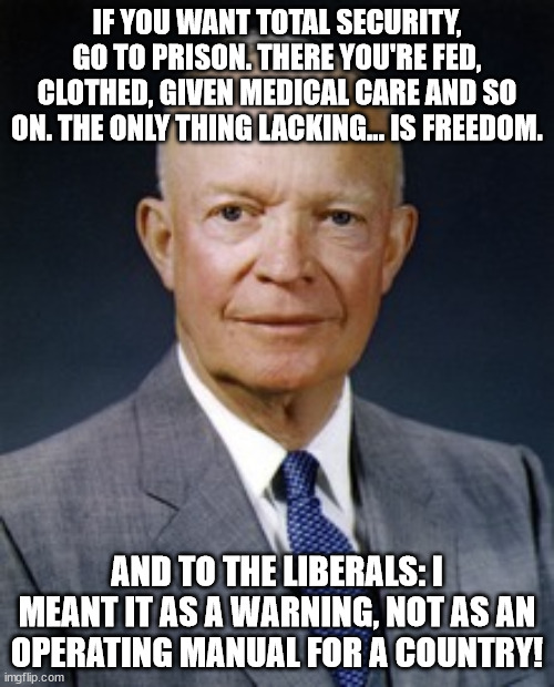 It was a warning, not advice! | IF YOU WANT TOTAL SECURITY, GO TO PRISON. THERE YOU'RE FED, CLOTHED, GIVEN MEDICAL CARE AND SO ON. THE ONLY THING LACKING... IS FREEDOM. AND TO THE LIBERALS: I MEANT IT AS A WARNING, NOT AS AN OPERATING MANUAL FOR A COUNTRY! | image tagged in dwight d eisenhower,liberty,freedom | made w/ Imgflip meme maker