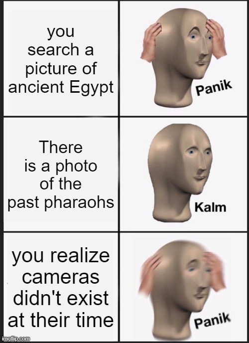 cwepy | you search a picture of ancient Egypt; There is a photo of the past pharaohs; you realize cameras didn't exist at their time | image tagged in memes,panik kalm panik | made w/ Imgflip meme maker