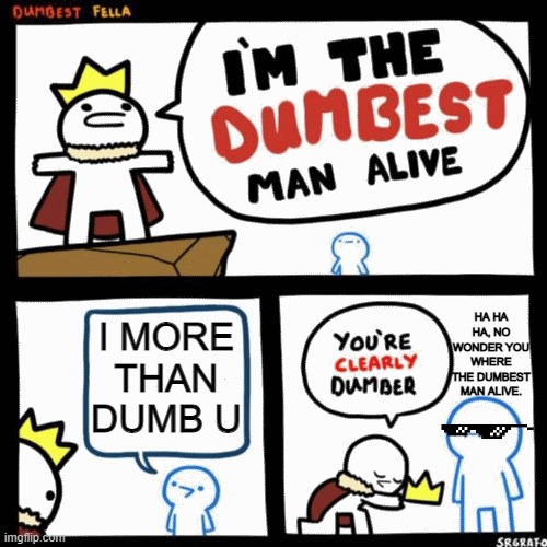 I'm the dumbest man alive | HA HA HA, NO WONDER YOU WHERE THE DUMBEST MAN ALIVE. I MORE THAN DUMB U | image tagged in i'm the dumbest man alive | made w/ Imgflip meme maker