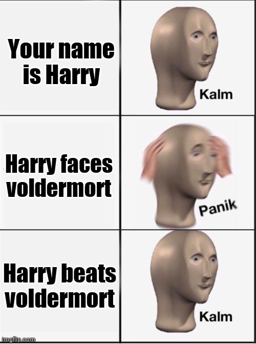 Reverse kalm panik | Your name is Harry; Harry faces voldermort; Harry beats voldermort | image tagged in reverse kalm panik | made w/ Imgflip meme maker