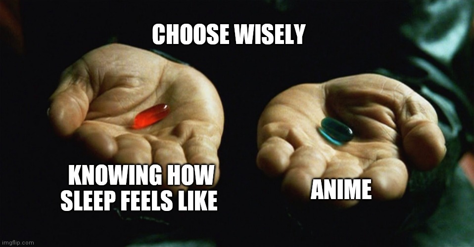 Red pill blue pill | CHOOSE WISELY; KNOWING HOW SLEEP FEELS LIKE; ANIME | image tagged in red pill blue pill | made w/ Imgflip meme maker