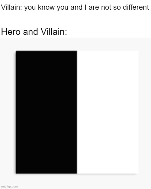 Villain and Hero | Villain: you know you and I are not so different; Hero and Villain: | image tagged in black and white,fun | made w/ Imgflip meme maker