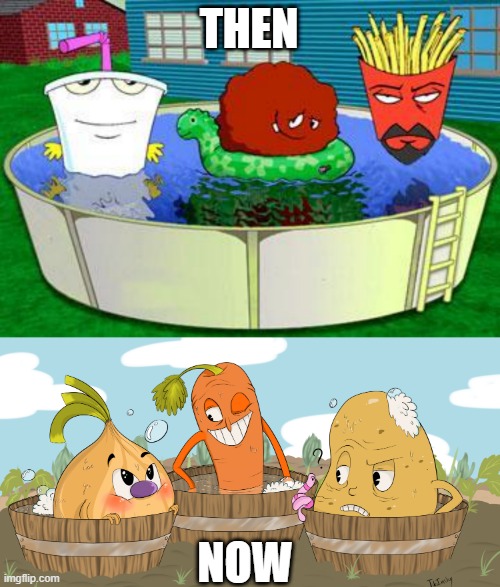 LOOK! THEY'RE BONDIN'! | THEN; NOW | image tagged in memes,bonding,vegetables,junk food,athf,cuphead | made w/ Imgflip meme maker