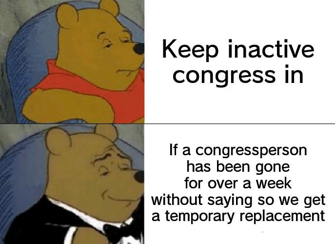 To get more done | Keep inactive congress in; If a congressperson has been gone for over a week without saying so we get a temporary replacement | image tagged in memes,tuxedo winnie the pooh,work | made w/ Imgflip meme maker