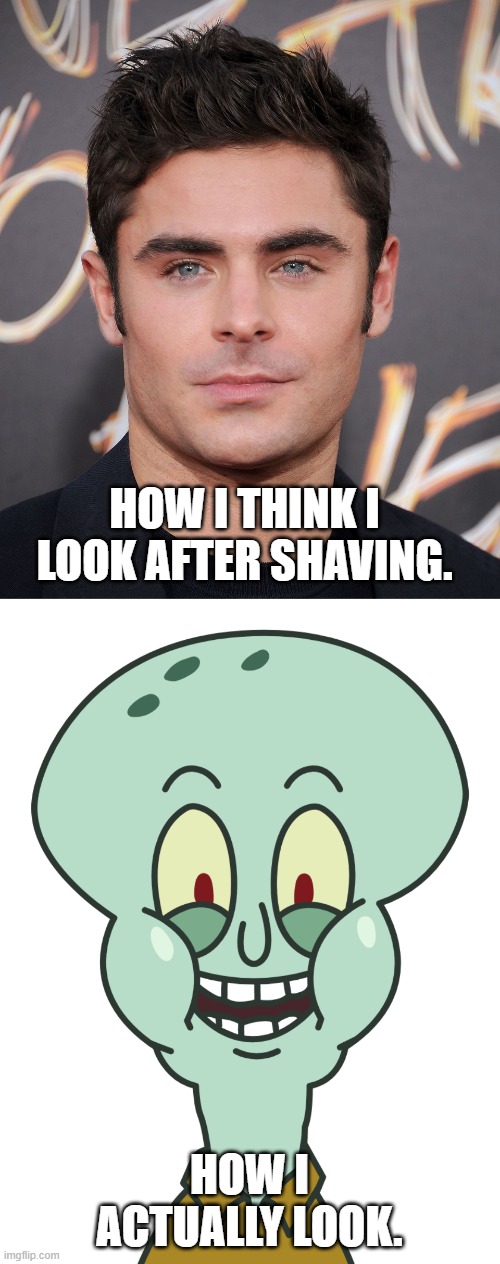 After shaving | HOW I THINK I LOOK AFTER SHAVING. HOW I ACTUALLY LOOK. | image tagged in shaving,squidward,zac efron | made w/ Imgflip meme maker