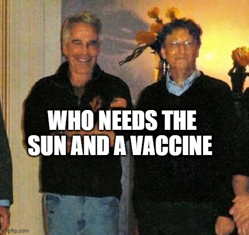 epstein and gates | WHO NEEDS THE SUN AND A VACCINE | image tagged in epstein and gates | made w/ Imgflip meme maker