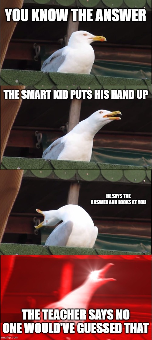 when your doing a test | YOU KNOW THE ANSWER; THE SMART KID PUTS HIS HAND UP; HE SAYS THE ANSWER AND LOOKS AT YOU; THE TEACHER SAYS NO ONE WOULD'VE GUESSED THAT | image tagged in memes,inhaling seagull,school,annoying,teacher | made w/ Imgflip meme maker