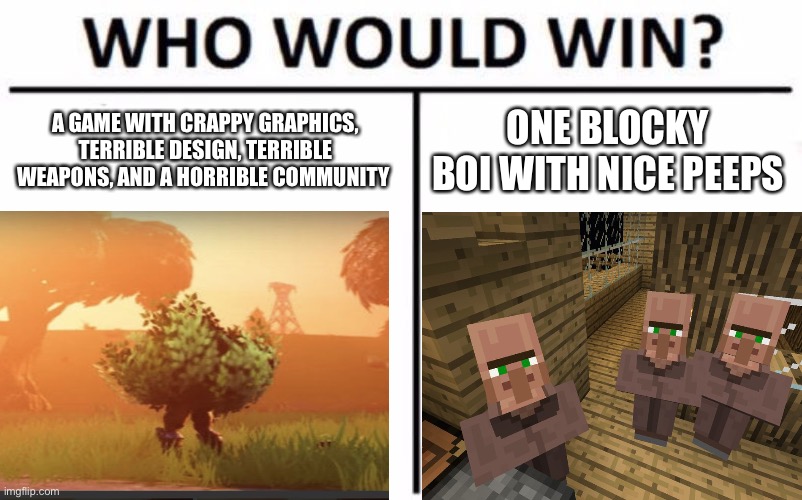Why do I keep making vs mems on this topic | A GAME WITH CRAPPY GRAPHICS, TERRIBLE DESIGN, TERRIBLE WEAPONS, AND A HORRIBLE COMMUNITY; ONE BLOCKY BOI WITH NICE PEEPS | image tagged in memes,who would win | made w/ Imgflip meme maker
