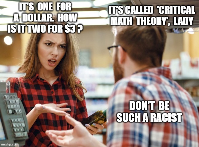 The New Math | IT'S CALLED  'CRITICAL MATH  THEORY',  LADY; IT'S  ONE  FOR A  DOLLAR.  HOW IS IT TWO FOR $3 ? DON'T  BE SUCH A RACIST | image tagged in arguing with cashier,racism,inflation | made w/ Imgflip meme maker