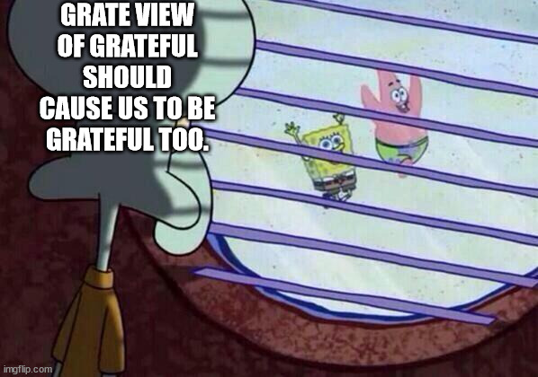 Grate image | GRATE VIEW OF GRATEFUL SHOULD CAUSE US TO BE GRATEFUL TOO. | image tagged in squidward window | made w/ Imgflip meme maker