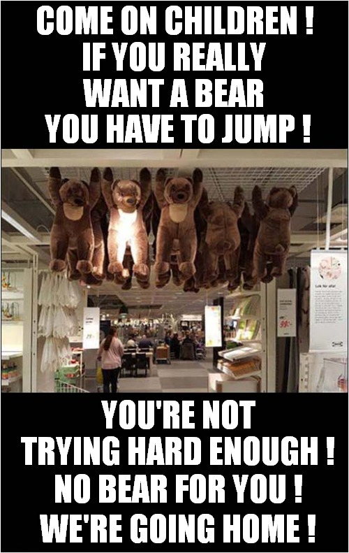 Child Cruelty Or A Harsh Life Lesson ? | COME ON CHILDREN ! IF YOU REALLY WANT A BEAR; YOU HAVE TO JUMP ! YOU'RE NOT TRYING HARD ENOUGH ! NO BEAR FOR YOU ! WE'RE GOING HOME ! | image tagged in teddy bear,cruel,life lessons,dark humour | made w/ Imgflip meme maker