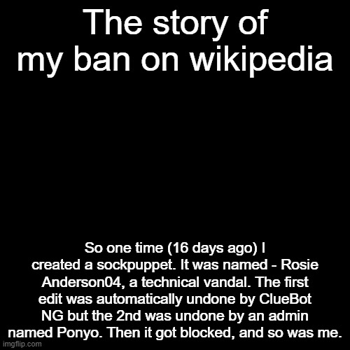 As seen from https://twitter.com/GayhartCats/status/1378663344824057858 | The story of my ban on wikipedia; So one time (16 days ago) I created a sockpuppet. It was named - Rosie Anderson04, a technical vandal. The first edit was automatically undone by ClueBot NG but the 2nd was undone by an admin named Ponyo. Then it got blocked, and so was me. | image tagged in memes,blank transparent square | made w/ Imgflip meme maker
