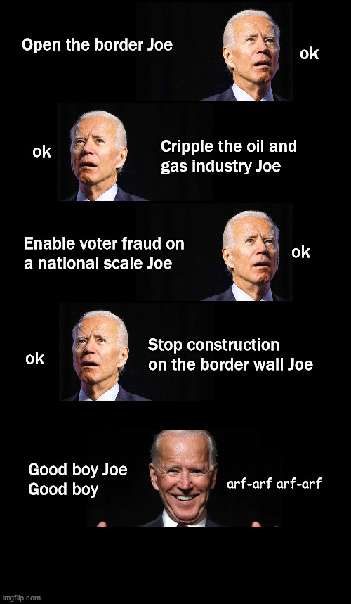 good boy Joe, good boy | ok; Open the border Joe; ok; Cripple the oil and 
gas industry Joe; Enable voter fraud on 
a national scale Joe; ok; Stop construction 
on the border wall Joe; ok; Good boy Joe
Good boy; arf-arf arf-arf | image tagged in politics | made w/ Imgflip meme maker
