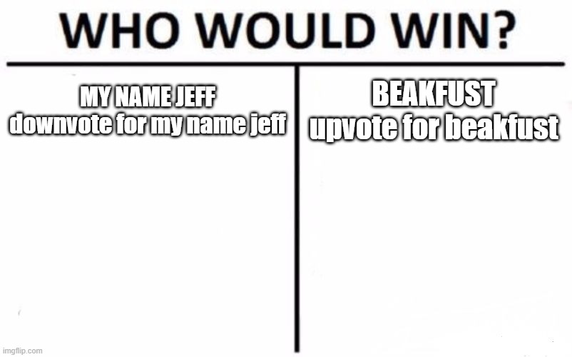meme battle | MY NAME JEFF
downvote for my name jeff; BEAKFUST
upvote for beakfust | image tagged in memes,who would win | made w/ Imgflip meme maker