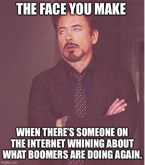 Face You Make Robert Downey Jr Meme | THE FACE YOU MAKE WHEN THERE’S SOMEONE ON THE INTERNET WHINING ABOUT WHAT BOOMERS ARE DOING AGAIN. | image tagged in memes,face you make robert downey jr | made w/ Imgflip meme maker