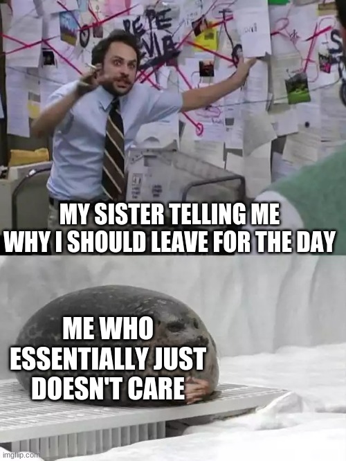 like- jesus christ- I'm not you, let me choose for myself goddamn .-. | MY SISTER TELLING ME WHY I SHOULD LEAVE FOR THE DAY; ME WHO ESSENTIALLY JUST DOESN'T CARE | image tagged in man explaining to seal | made w/ Imgflip meme maker