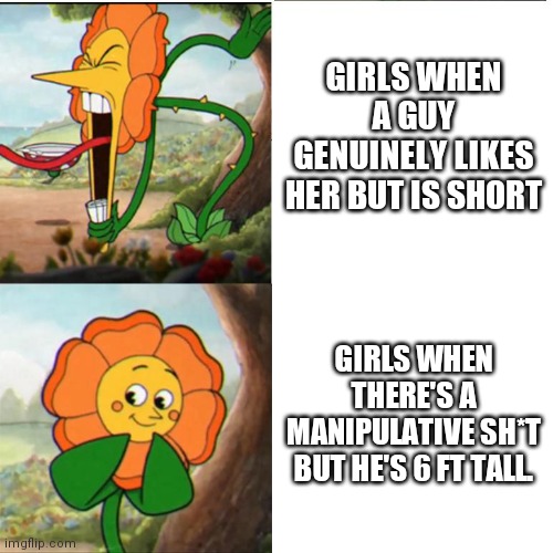 Change my mind | GIRLS WHEN A GUY GENUINELY LIKES HER BUT IS SHORT; GIRLS WHEN THERE'S A MANIPULATIVE SH*T BUT HE'S 6 FT TALL. | image tagged in cuphead flower | made w/ Imgflip meme maker